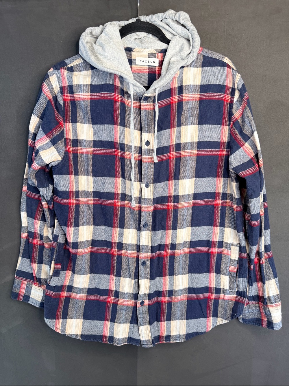 PacSun Mens Plaid Hooded Flannel Navy Red Large Button Front Shacket L